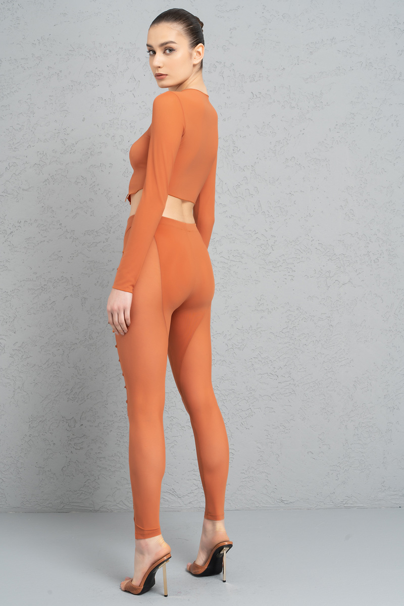 Sheer Ochre Buttoned Cut Out Pants