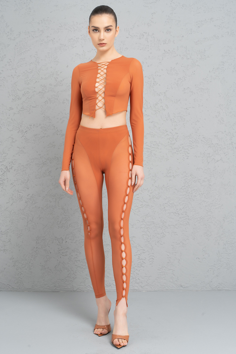 Sheer Ochre Buttoned Cut Out Pants