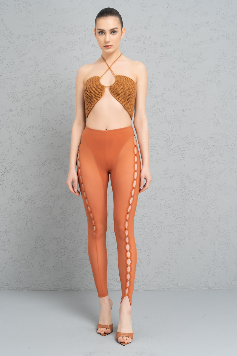 Sheer Ochre Buttoned Cut Out Pants