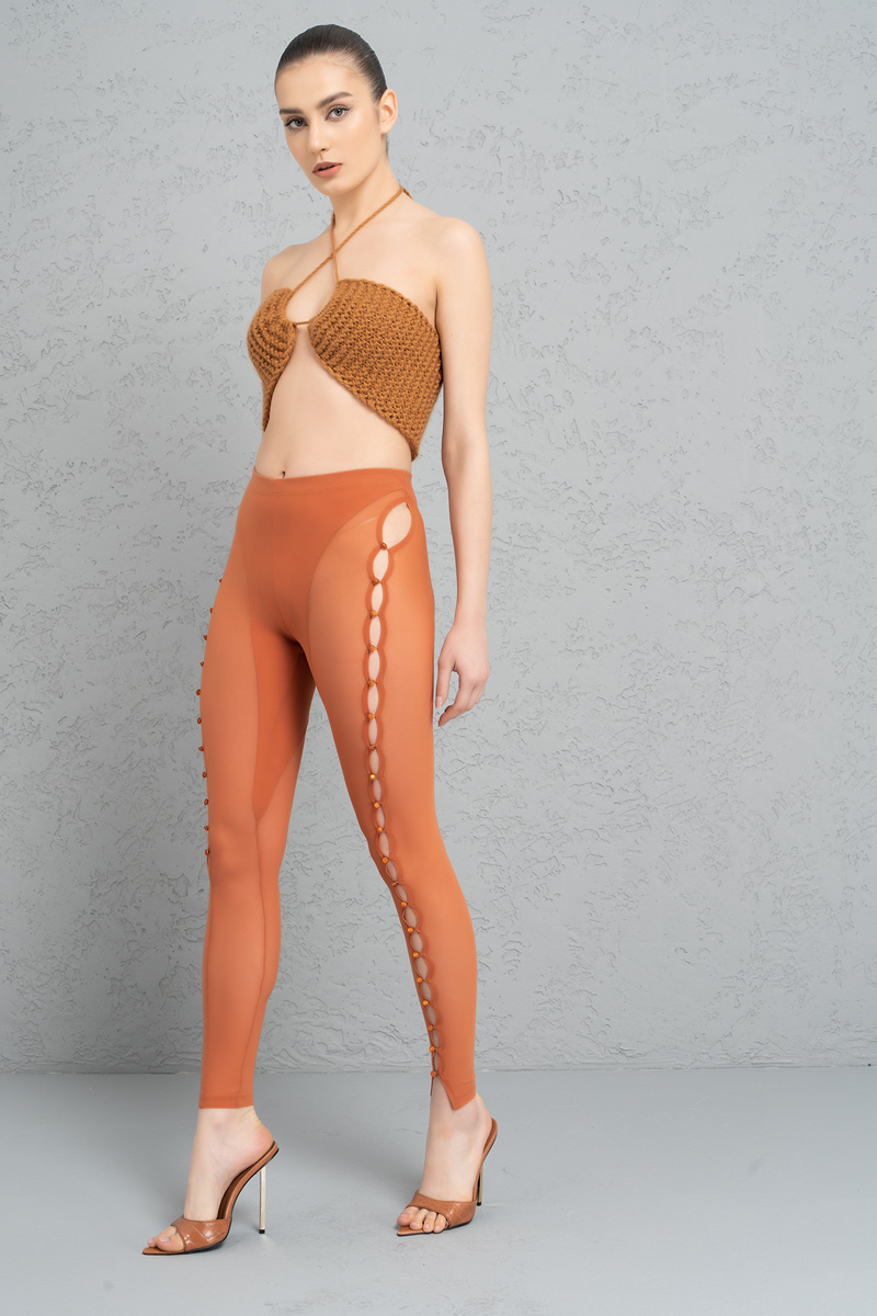 Sheer Ochre Buttoned Cut Out Pants