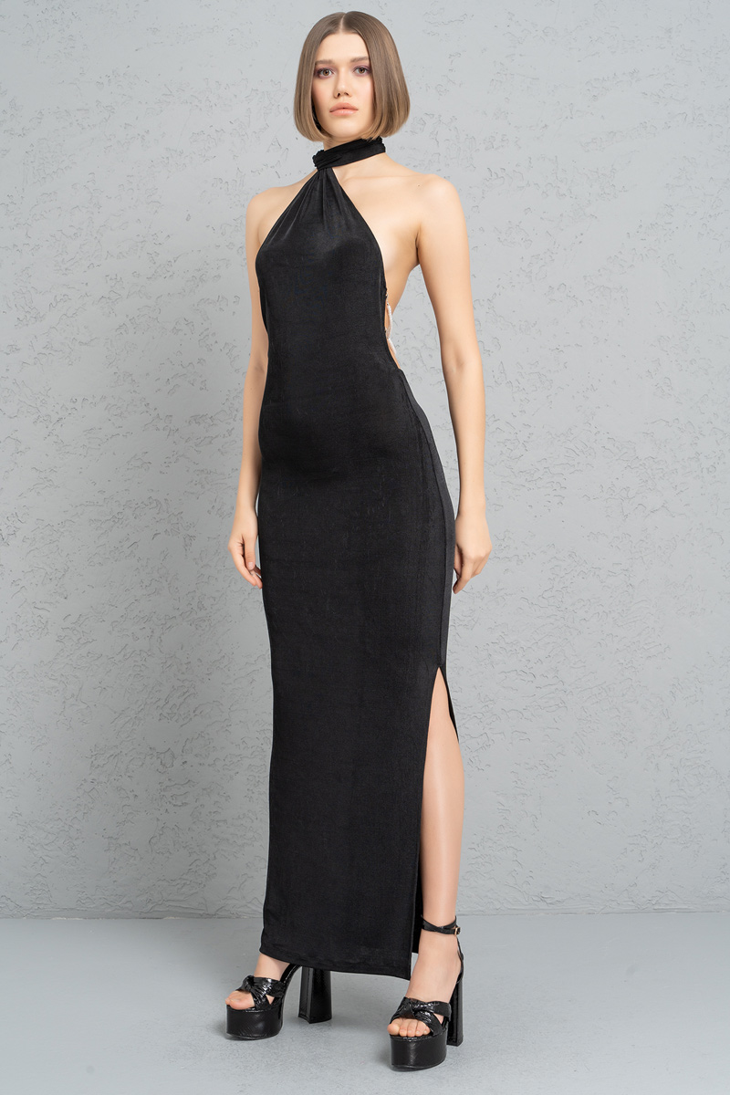 Wholesale Black Backless Halter Maxi Dress