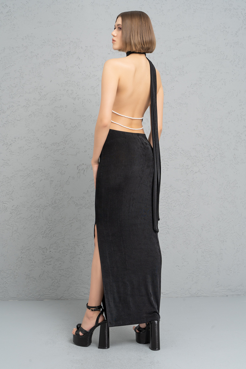 Wholesale Black Backless Halter Maxi Dress