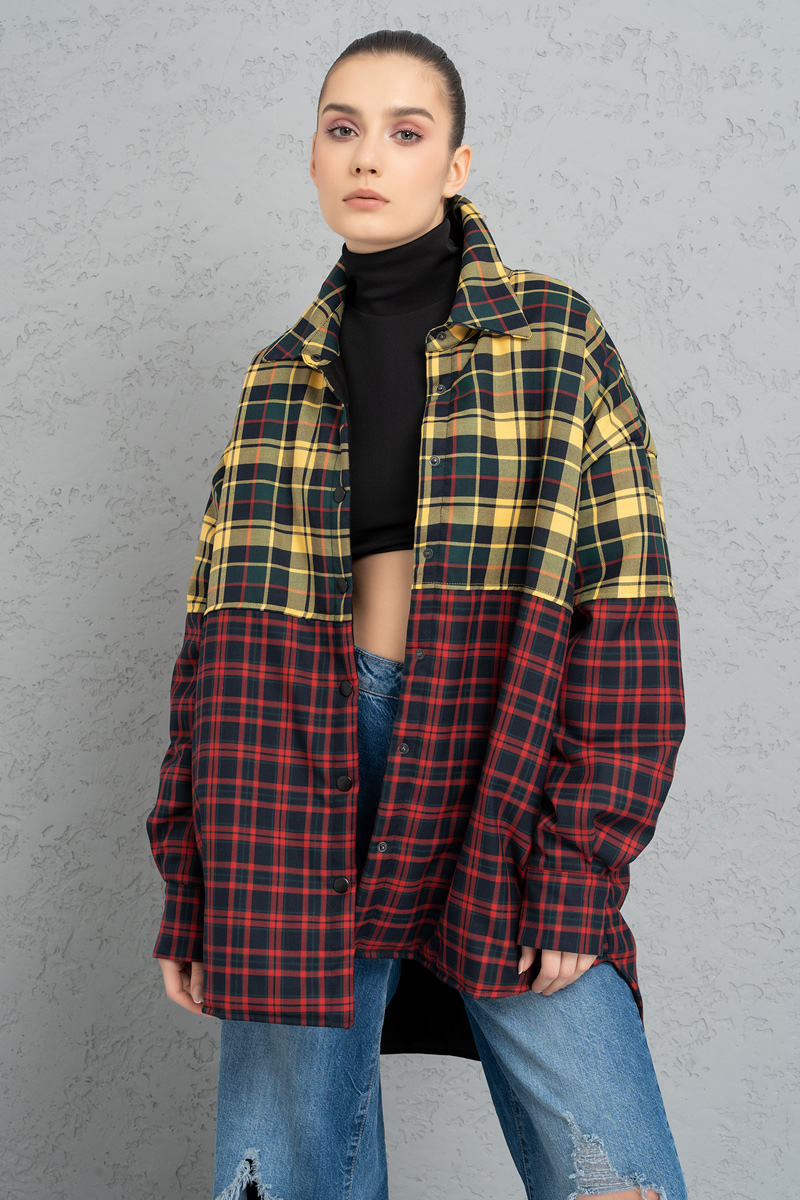 Red Yellow Two-Color Checkered Shirt with Fiber Inside Lining