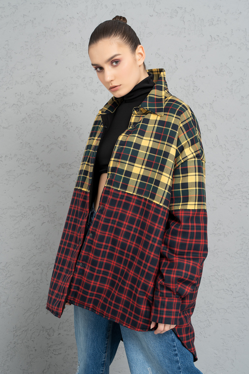 Red Yellow Two-Color Checkered Shirt with Fiber Inside Lining