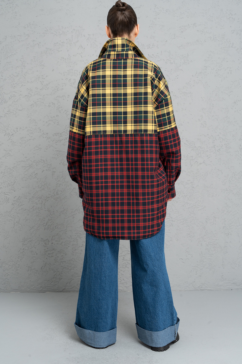 Red Yellow Two-Color Checkered Shirt with Fiber Inside Lining