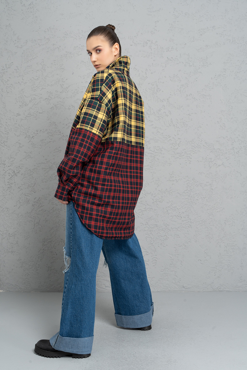 Red Yellow Two-Color Checkered Shirt with Fiber Inside Lining