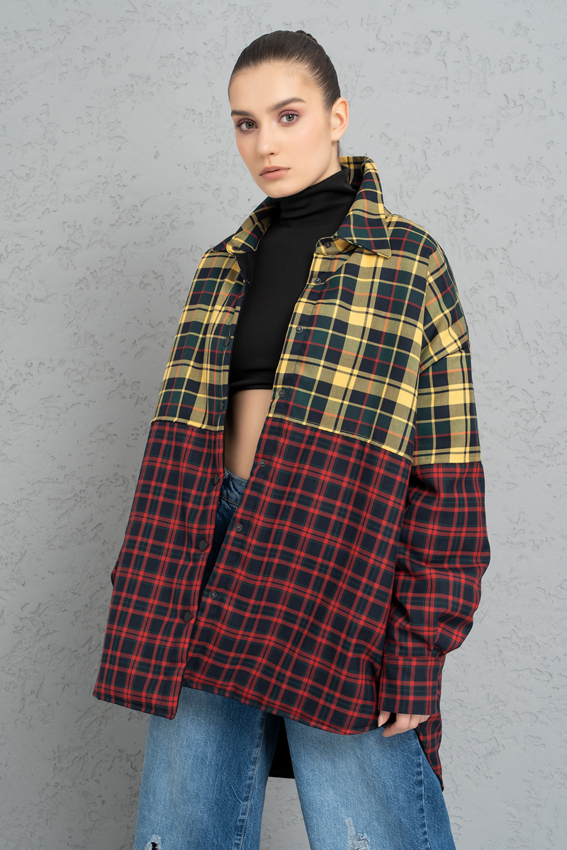 Red Yellow Two-Color Checkered Shirt with Fiber Inside Lining