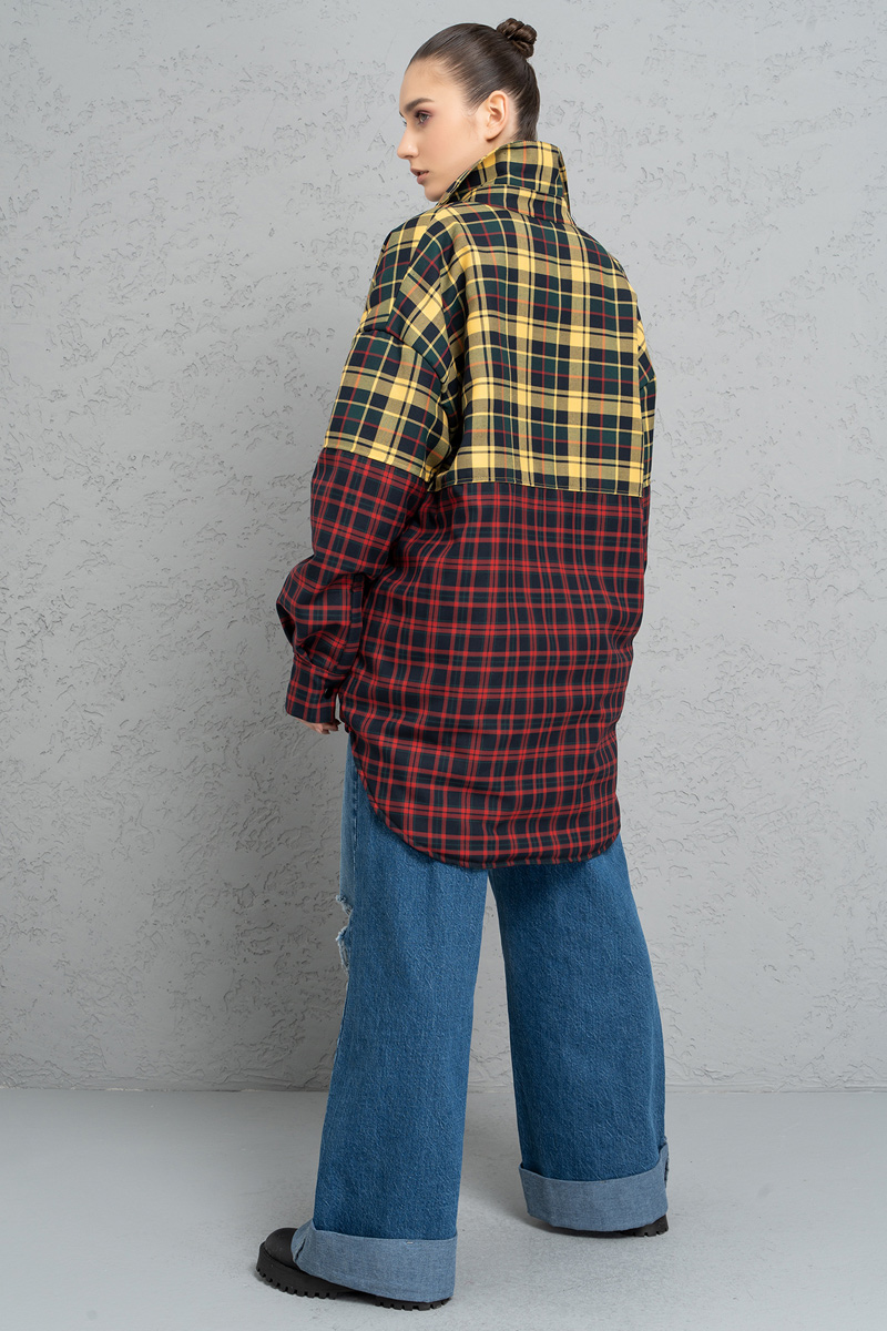 Red Yellow Two-Color Checkered Shirt with Fiber Inside Lining