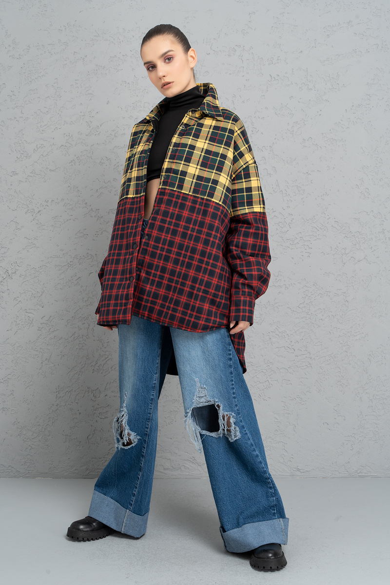 Red Yellow Two-Color Checkered Shirt with Fiber Inside Lining