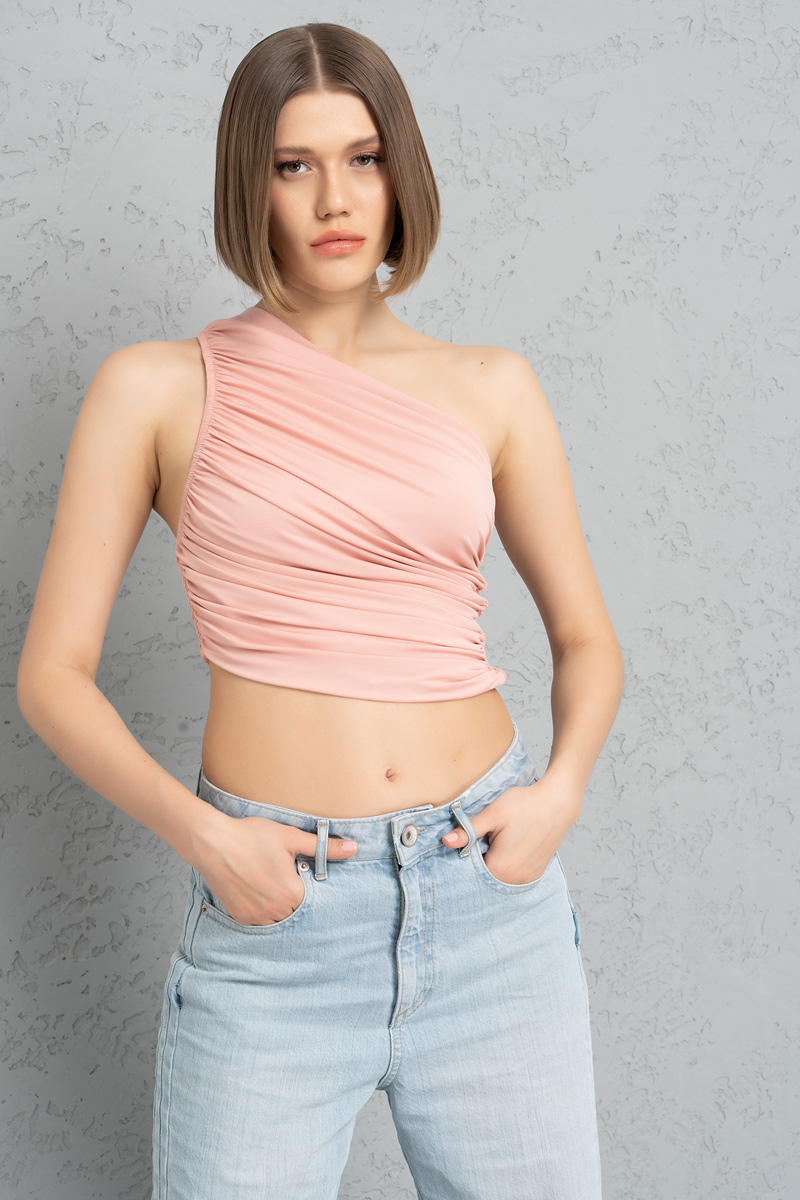 Wholesale Salmon One-Shoulder Shirred Top