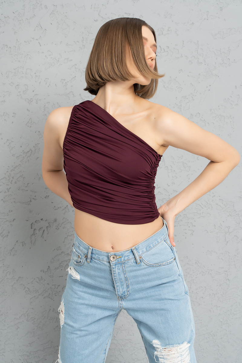 CHERRY One-Shoulder Shirred Top