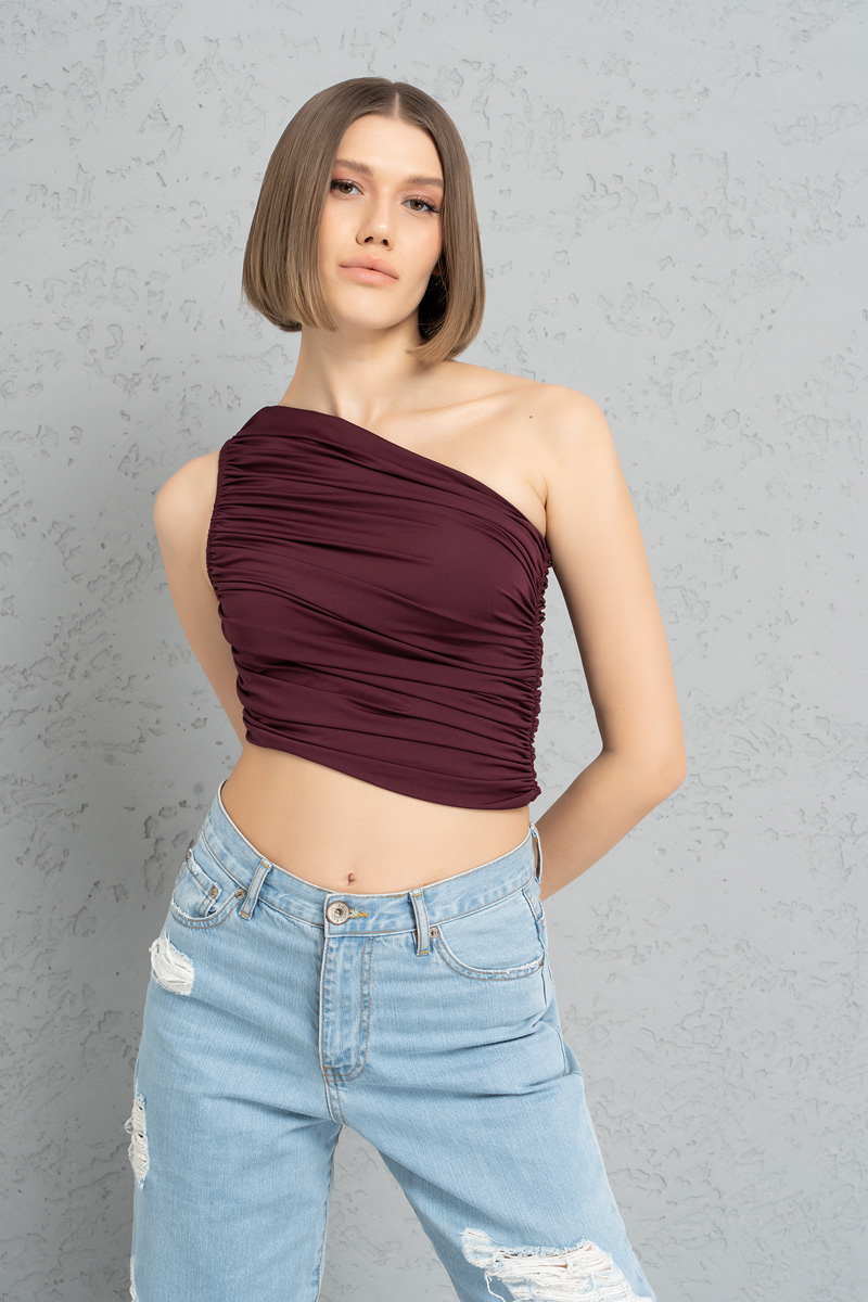 CHERRY One-Shoulder Shirred Top