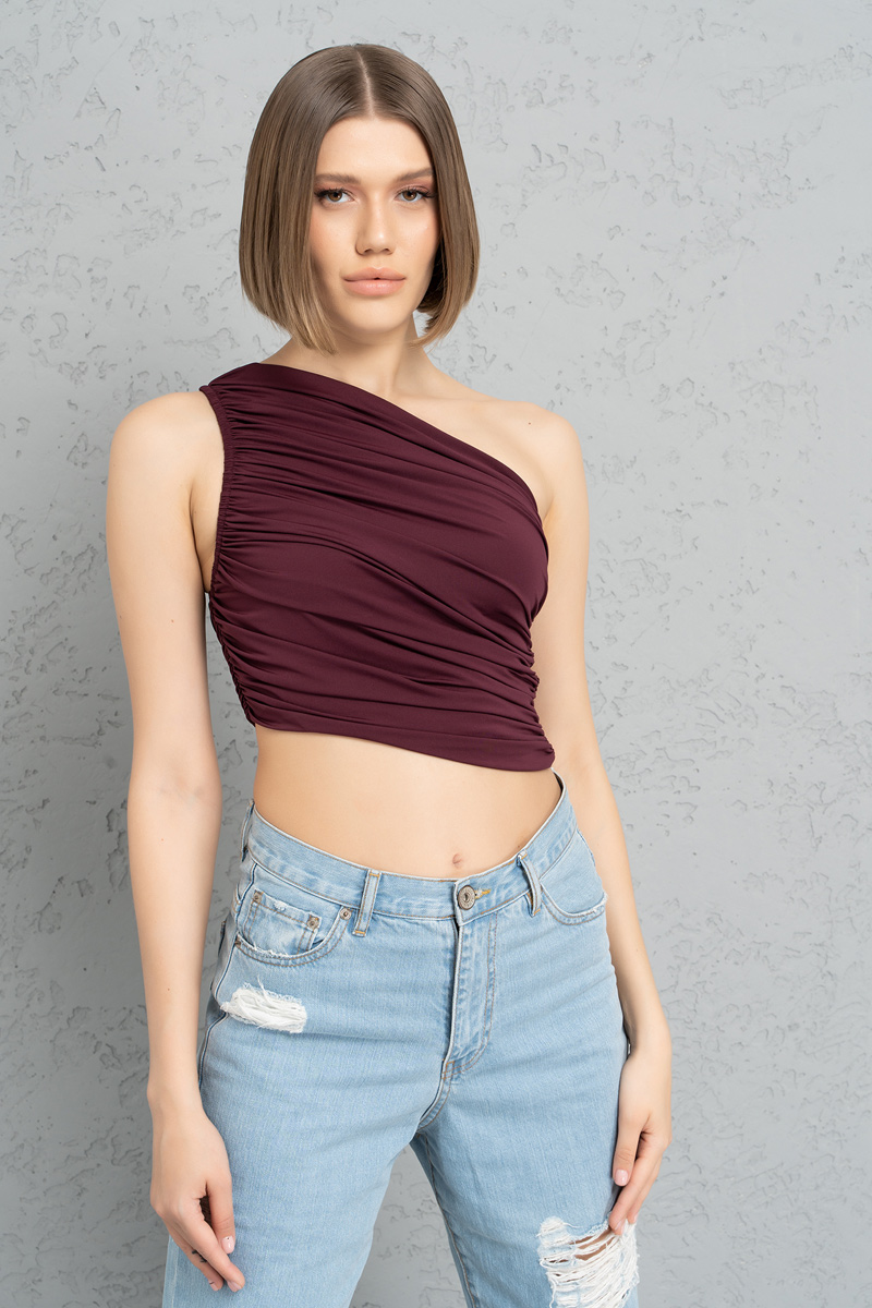 Wholesale CHERRY One-Shoulder Shirred Top