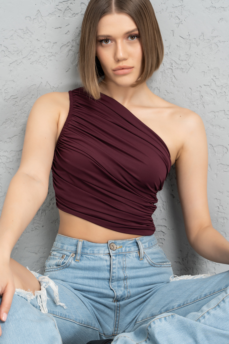 Wholesale CHERRY One-Shoulder Shirred Top