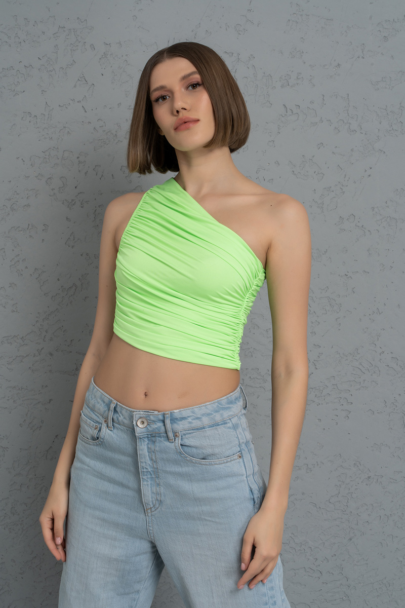 Wholesale Neon Green One-Shoulder Shirred Top