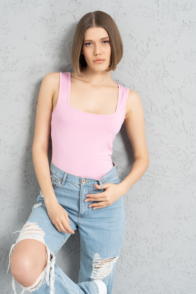 New Pink Square Neck Tank Top