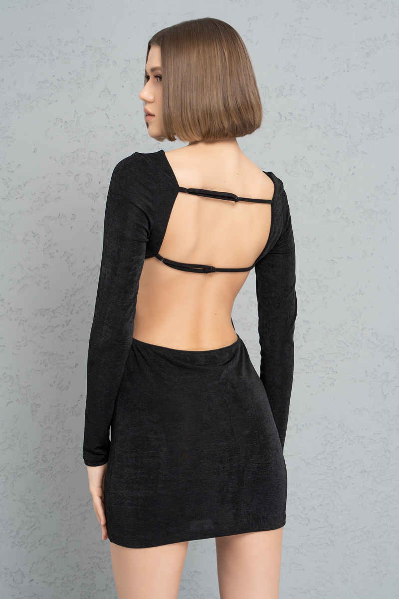 оптовая черный Strappy-Back Long-Sleeve Dress