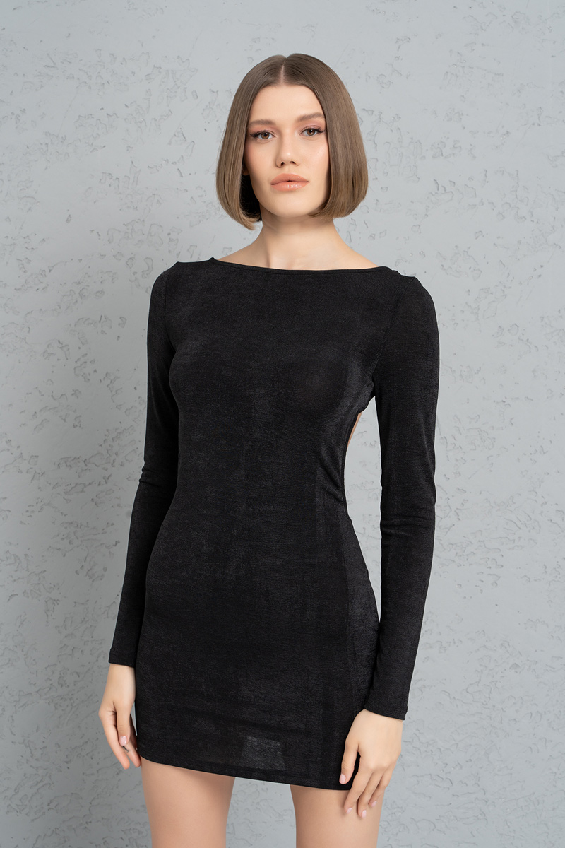 Black Strappy-Back Long-Sleeve Dress
