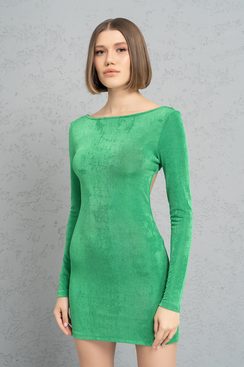 Wholesale Kelly Green Strappy-Back Long-Sleeve Dress