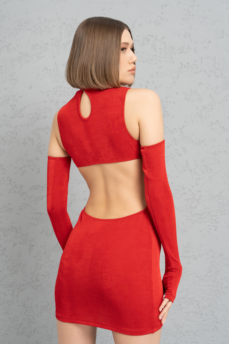 красный Cut Out Back Mock Neck Mini Dress