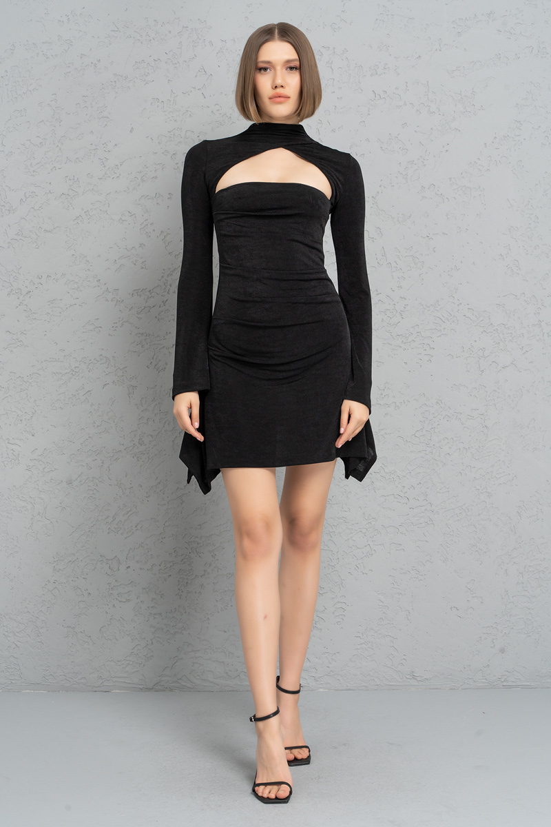 Toptan Siyah Yaka ve Sırt Detaylı Mini Elbise