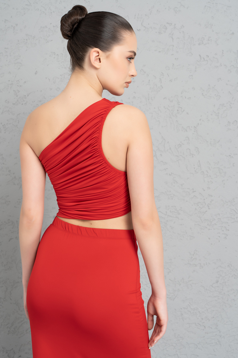 Wholesale Red One-Shoulder Shirred Top