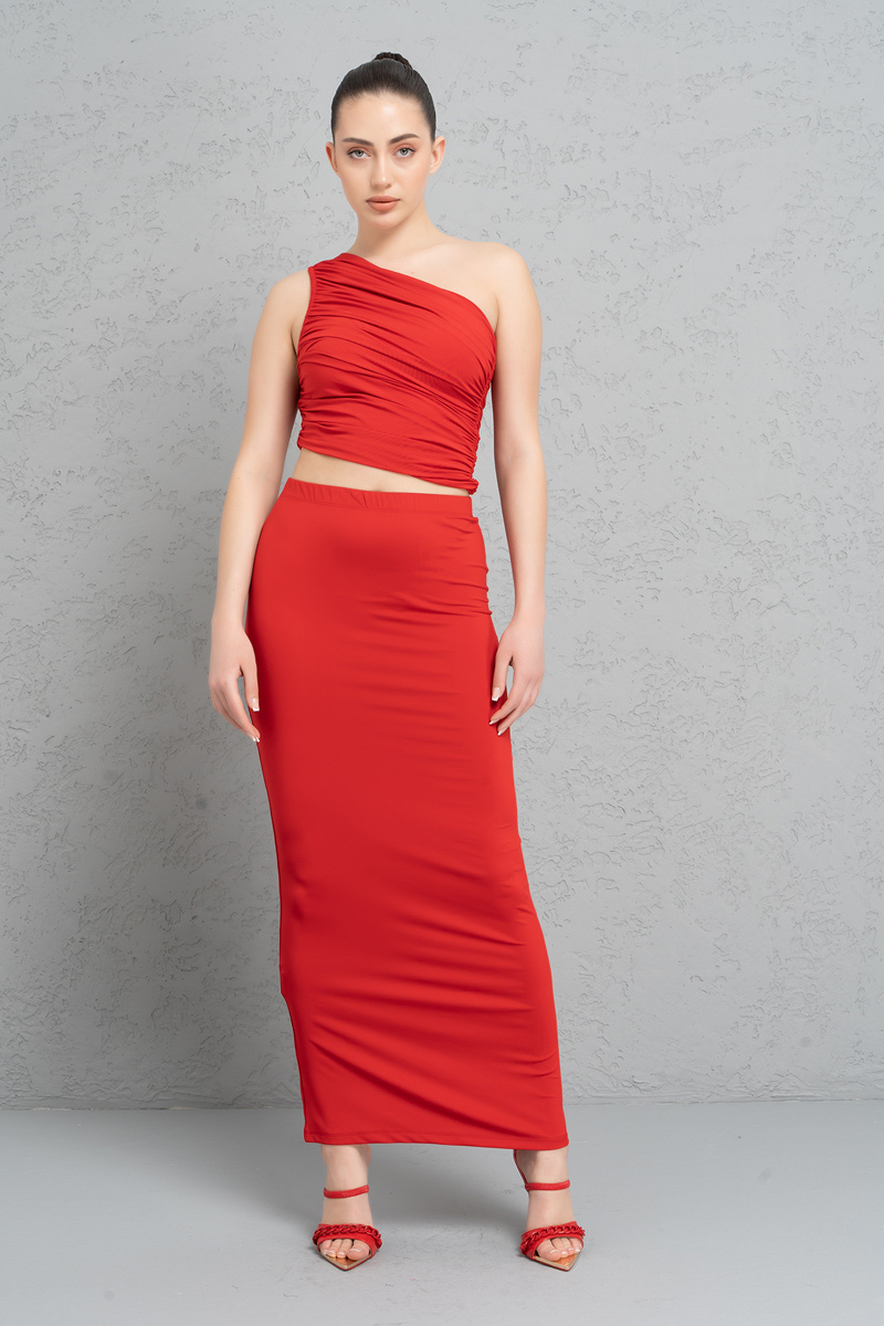 Wholesale Red One-Shoulder Shirred Top