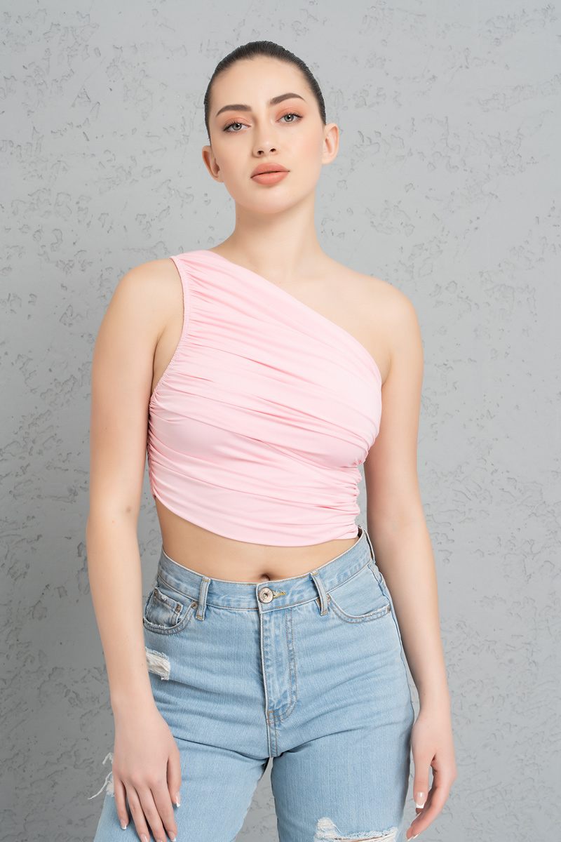 Pink One-Shoulder Shirred Top