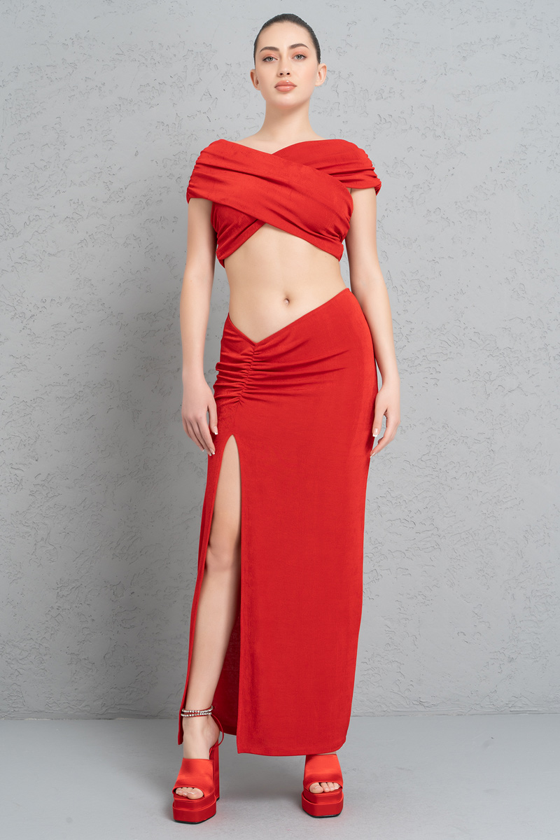 Wholesale Red High-Split Maxi Skirt