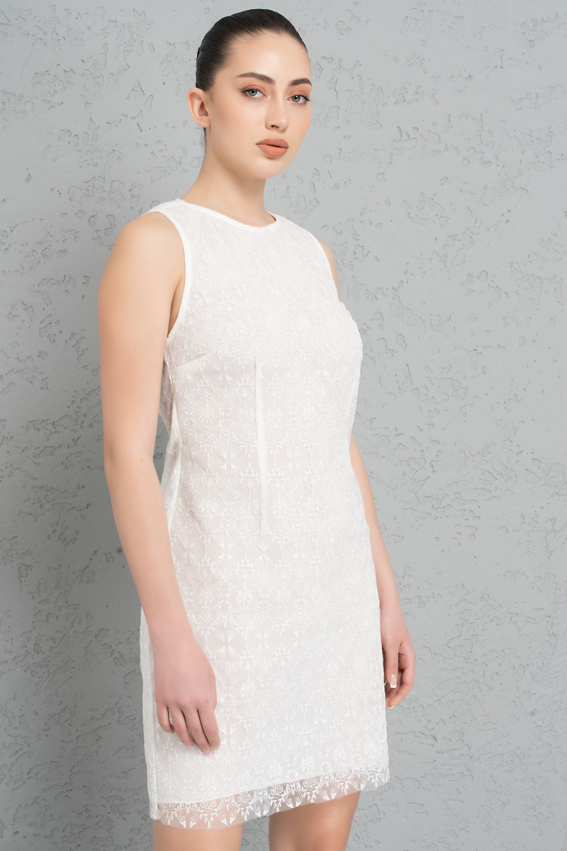 Toptan Off white Kolsuz Mini Güpür Elbise