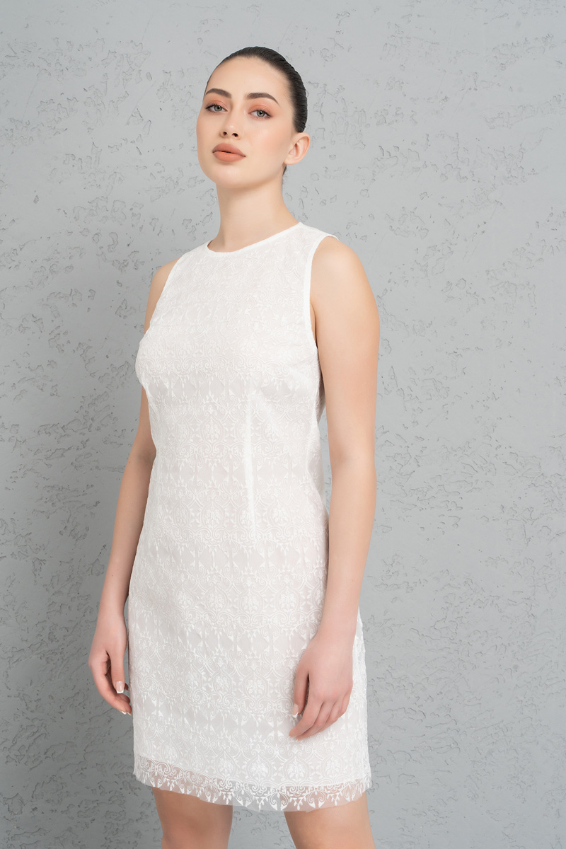 Toptan Off white Kolsuz Mini Güpür Elbise
