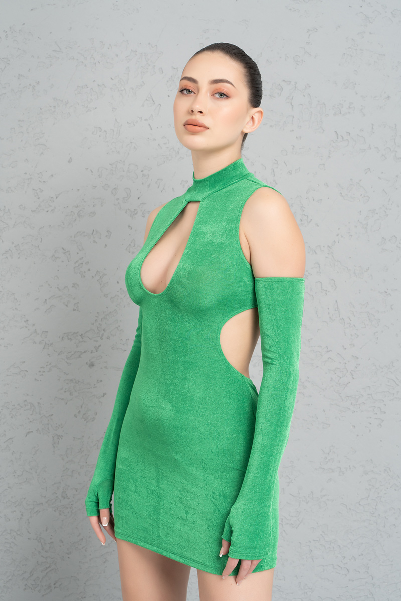 Toptan Kelly Green Bel Detaylı Balıkçı Yaka Mini Elbise