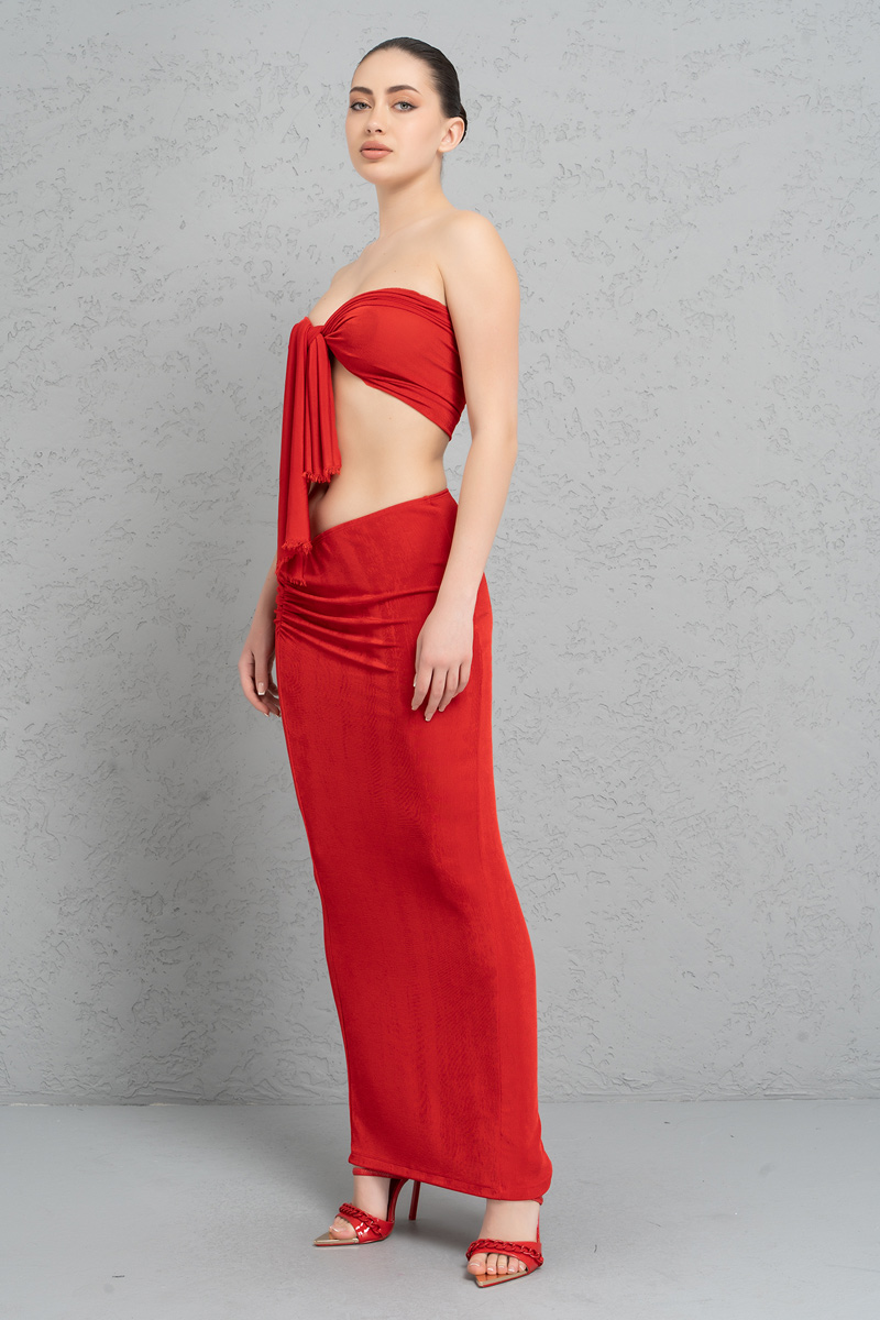 Wholesale Red Ruched Maxi Skirt