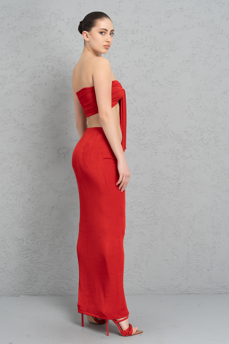 Red Ruched Maxi Skirt