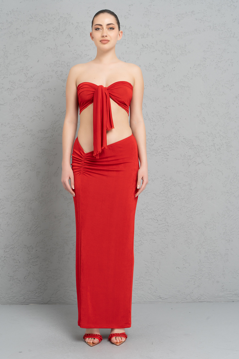 Wholesale Red Ruched Maxi Skirt