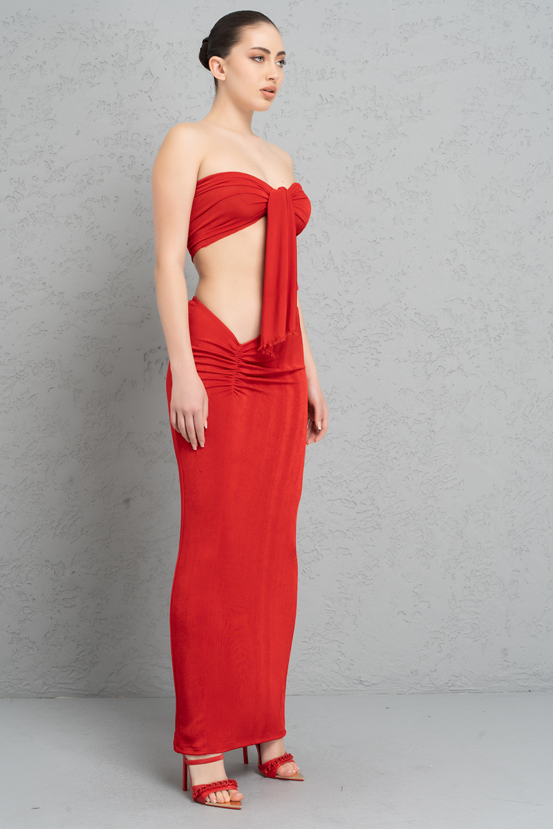 Red Ruched Maxi Skirt