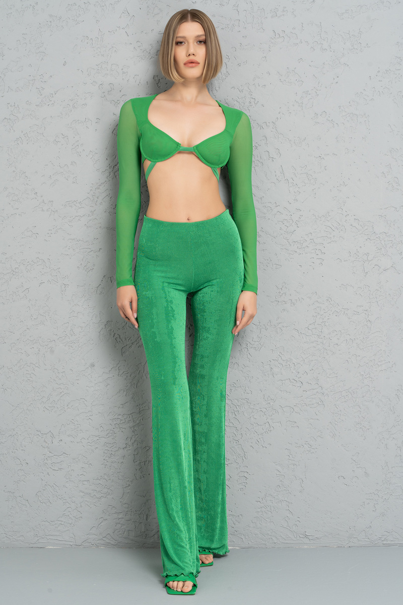 Wholesale Kelly Green Long-Sleeve Cropped Mesh Top
