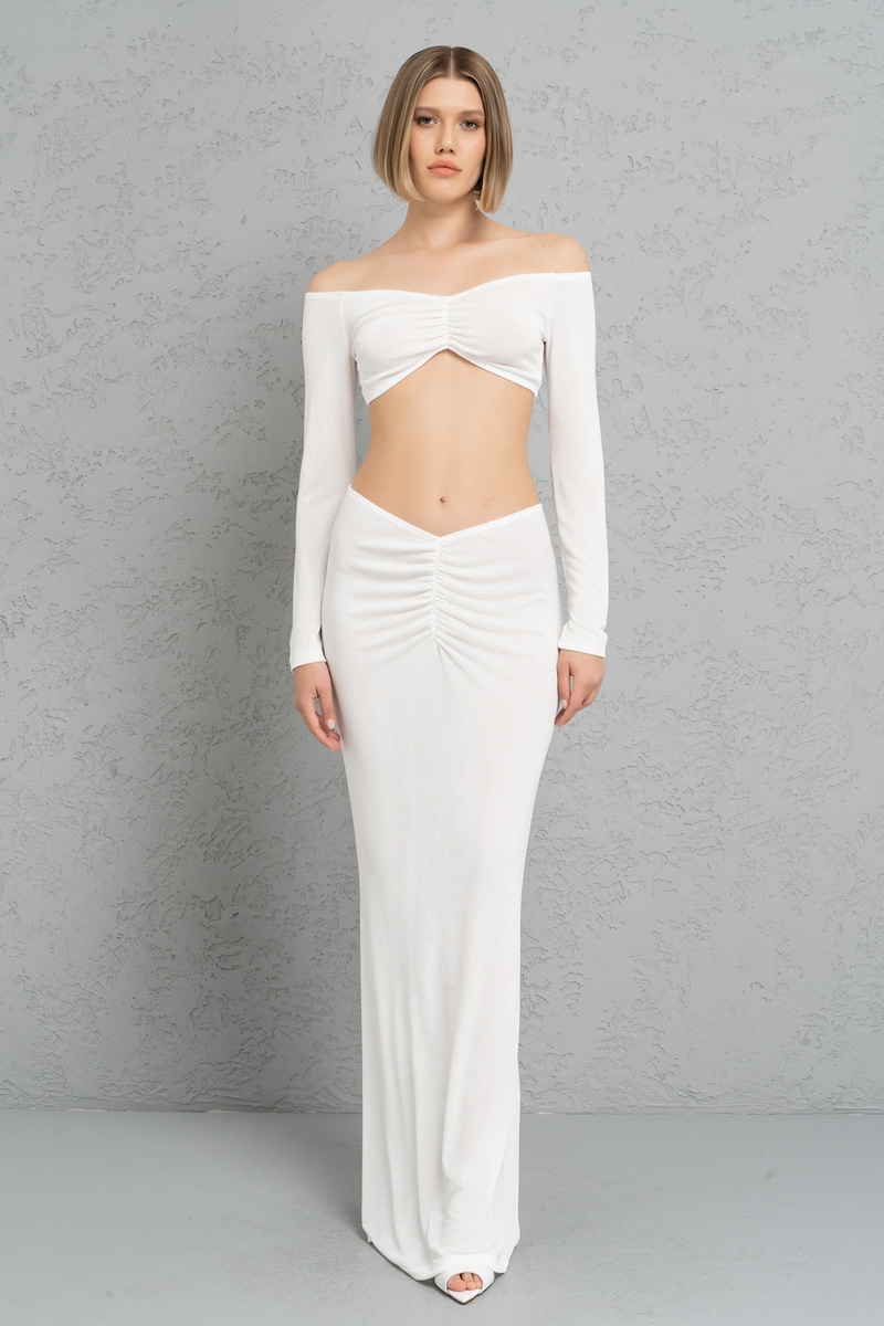 Offwhite Ruched-Front Crop Top & Skirt Set