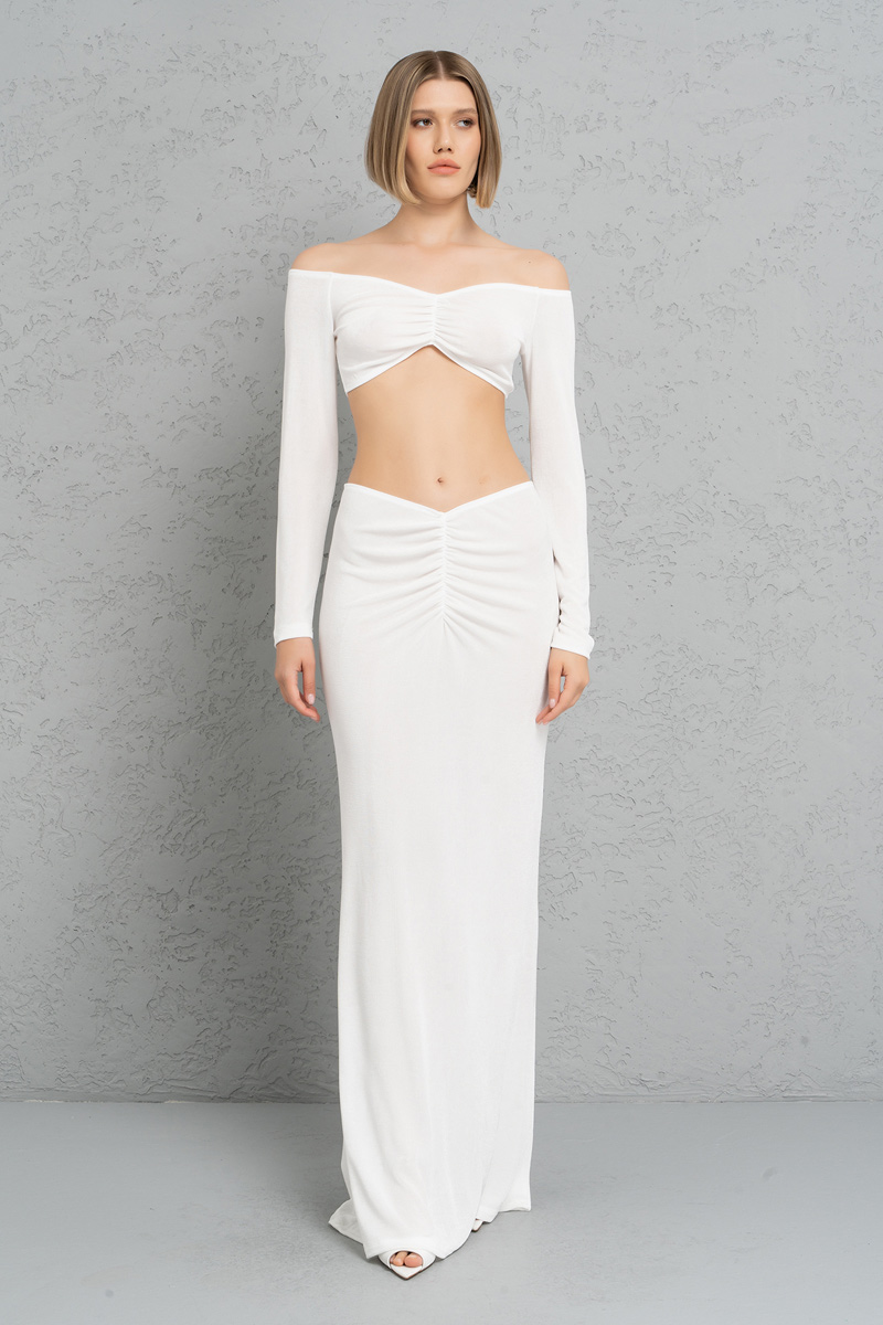 Wholesale Offwhite Ruched-Front Crop Top & Skirt Set