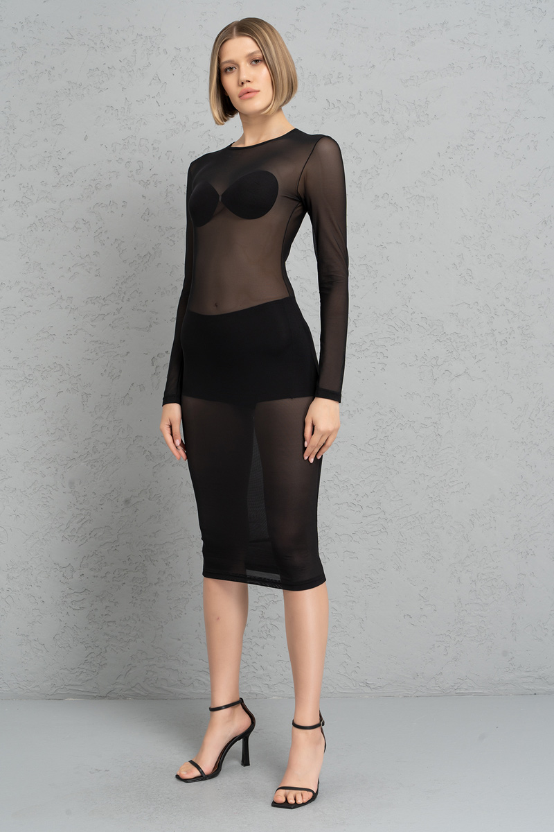 Wholesale Sheer Black Midi Dress
