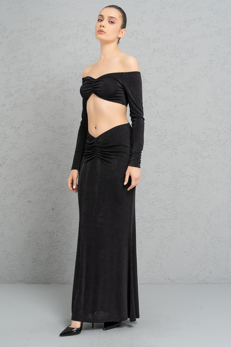 Wholesale Black Ruched-Front Crop Top & Skirt Set