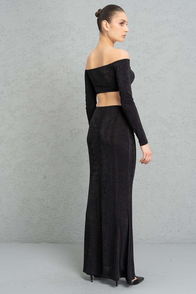 Black Ruched-Front Crop Top & Skirt Set