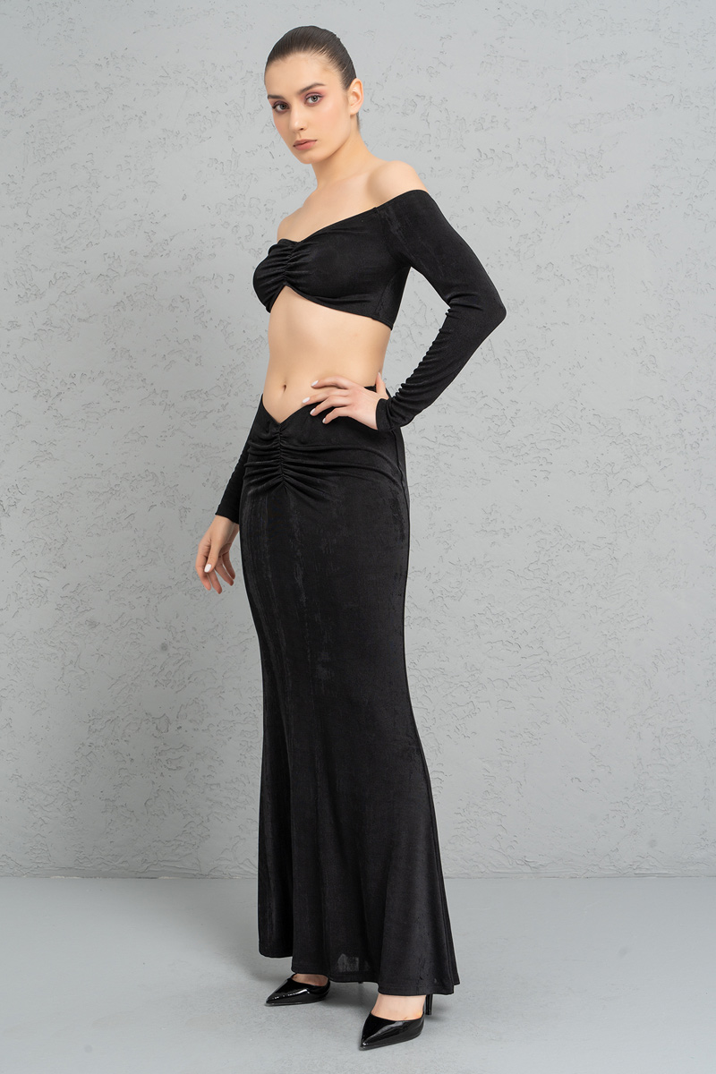 Black Ruched-Front Crop Top & Skirt Set