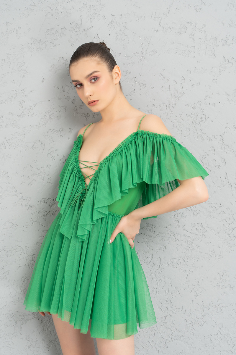 Kelly Green Off-the-Shoulder Cami Tulle Dress