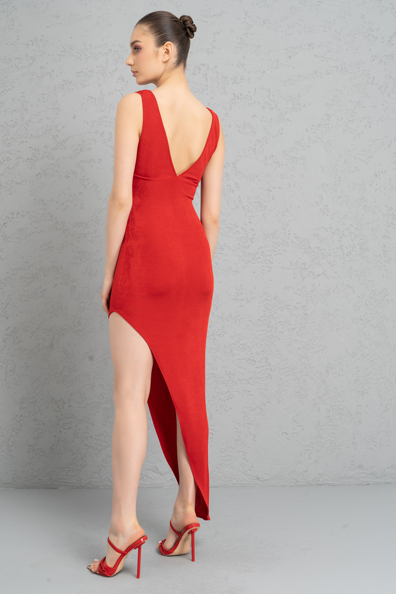 Wholesale Red Split-Side V-Neck Dress