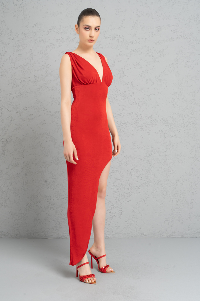 Wholesale Red Split-Side V-Neck Dress