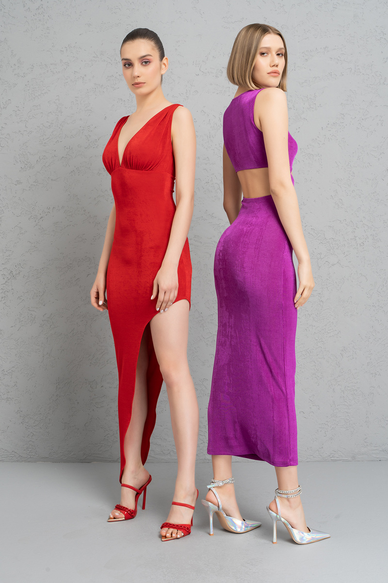 Red Split-Side V-Neck Dress