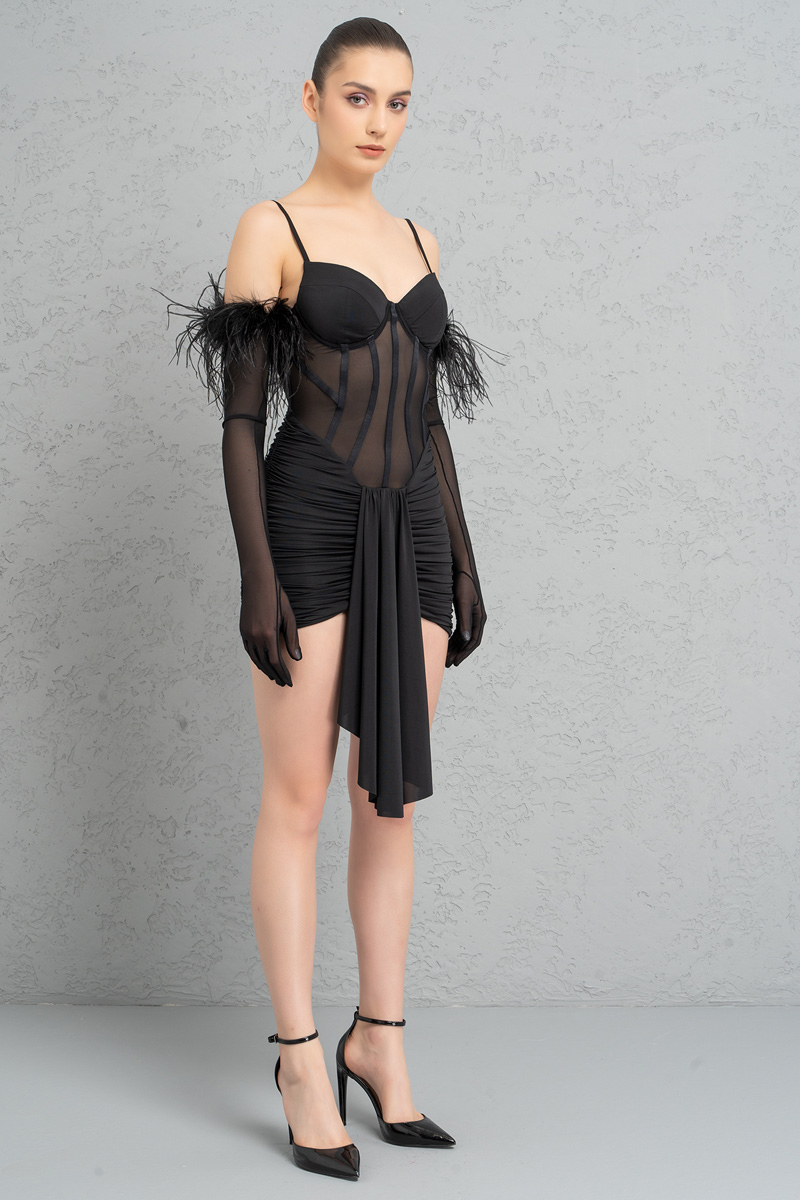 Toptan Siyah Eldivenli Eteği Büzgülü Transparan Elbise