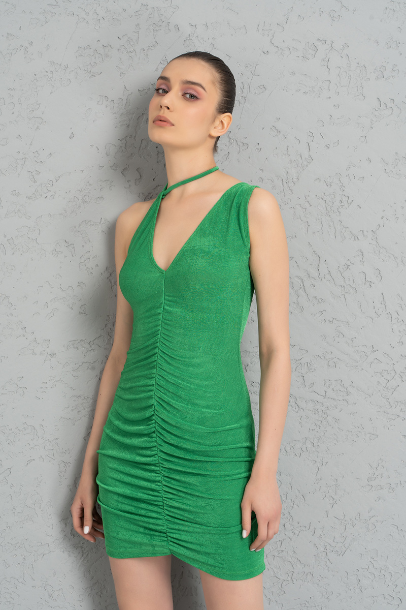 Kelly Green Strappy-Neck Shirred Dress
