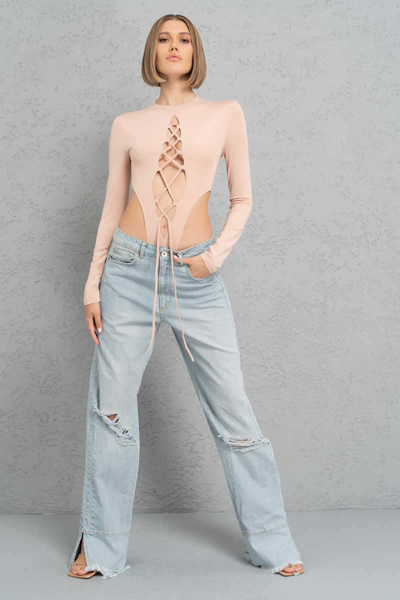 Wholesale Nude Crisscross-Front Cut Out Bodysuit